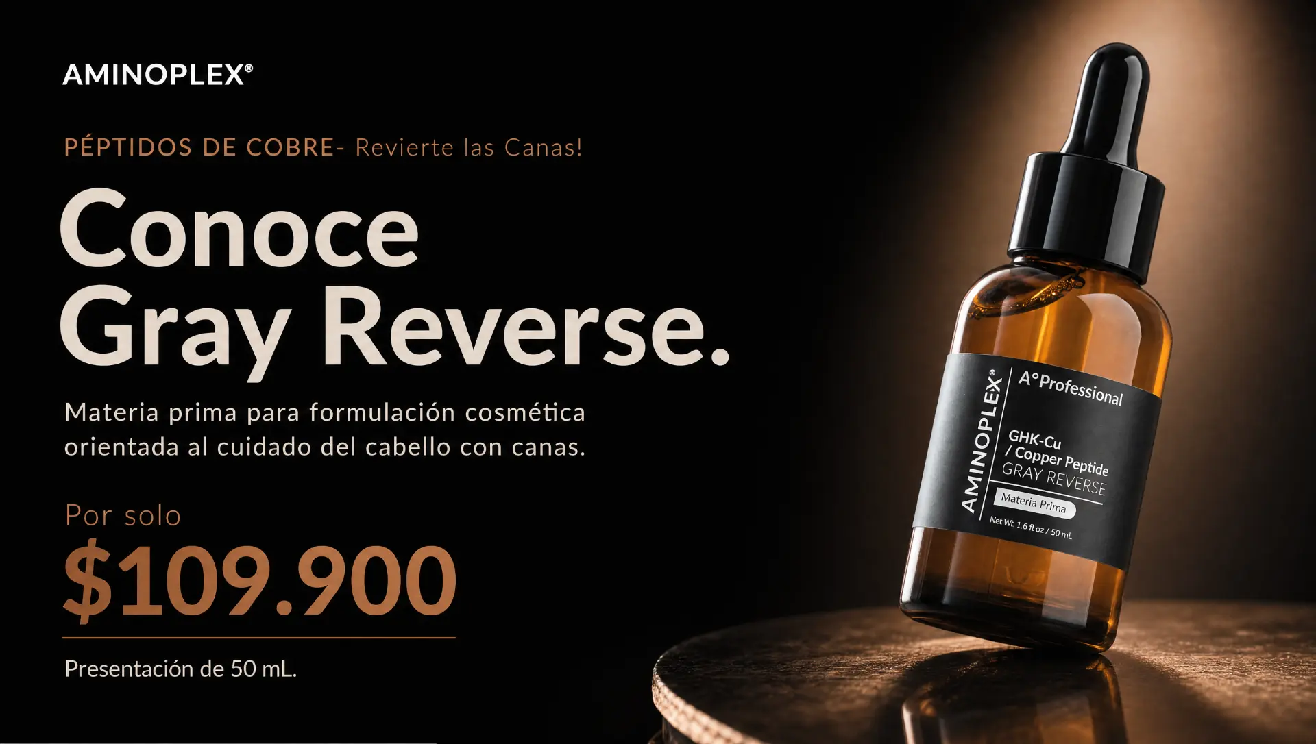 Conoce Gray Reverse. Péptidos de cobre, materia prima para formulación cosmética, presentación de 50 mL.